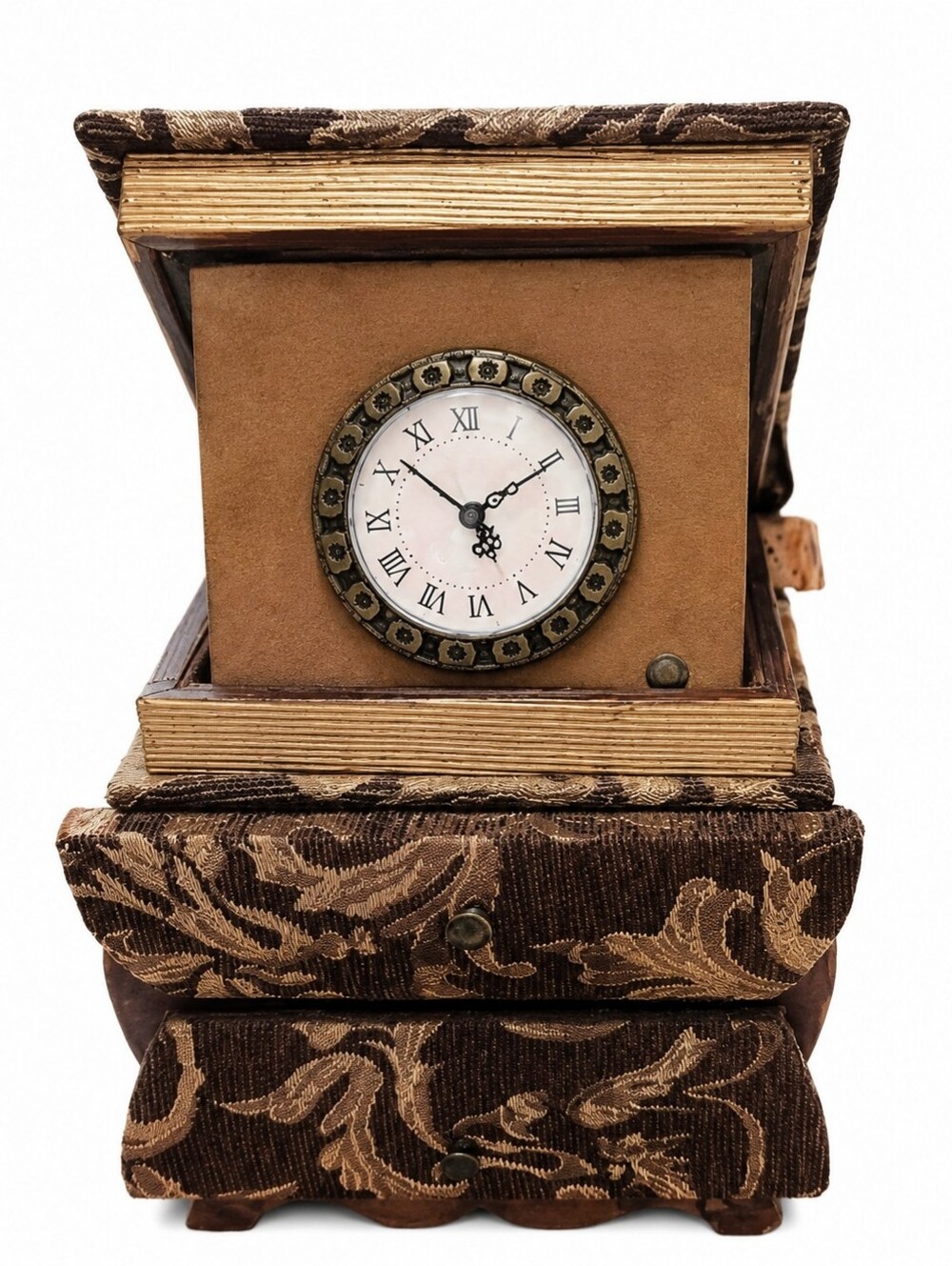 Vintage Rustic Wooden Jewelry Box with Quartz Clock – Ornate Decorative Trinket